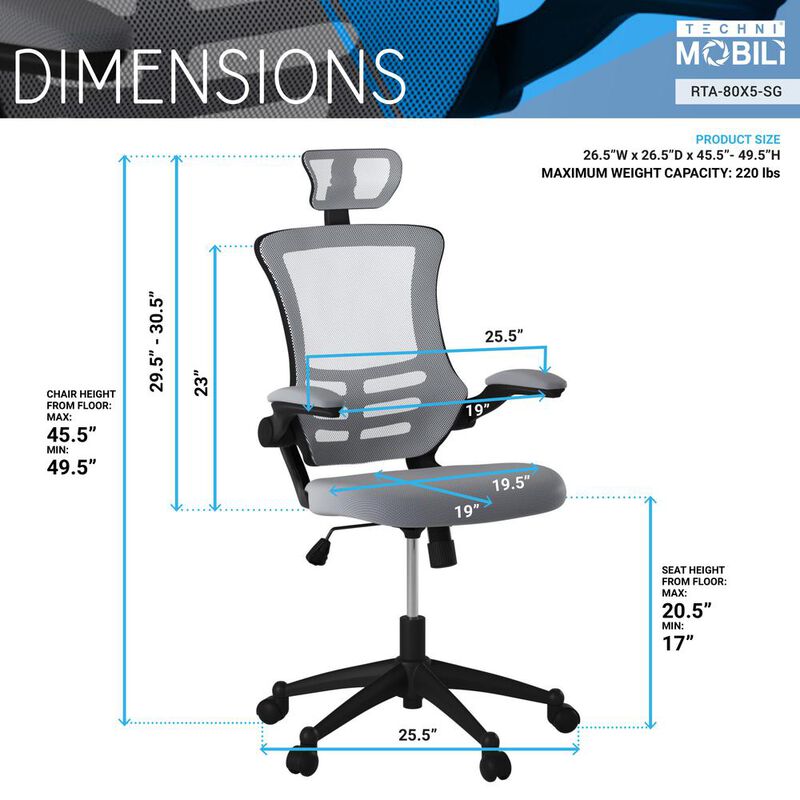 Techni Mobili Modern High-Back Mesh Executive office Chair With Headrest And Flip Up Arms. Color: Silver Grey