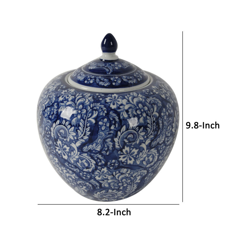 10 Inch Lidded Jar, Curved Round Persian Floral Print, Blue Porcelain - Benzara