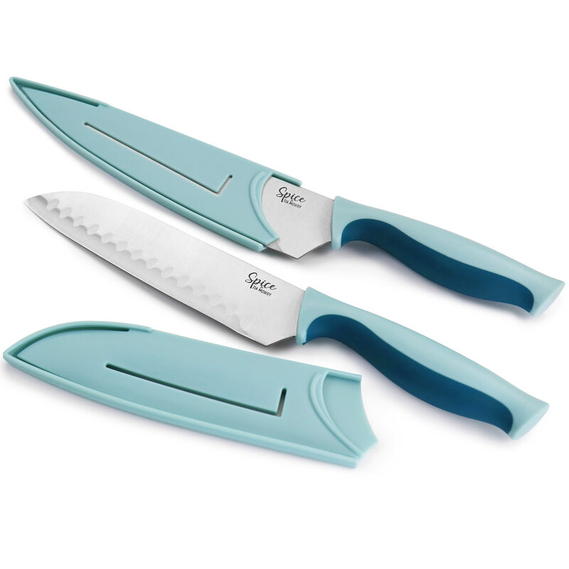 Spice by Tia Mowry Savory Saffron 10 Piece Knife and Cutting Board Cutlery Set in Blue and Pink