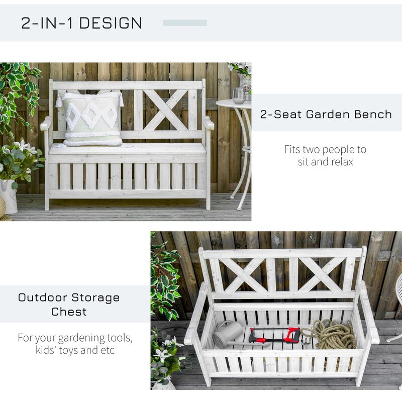 White Garden Storage: 2-Seater Outdoor Bench with Louvered Design