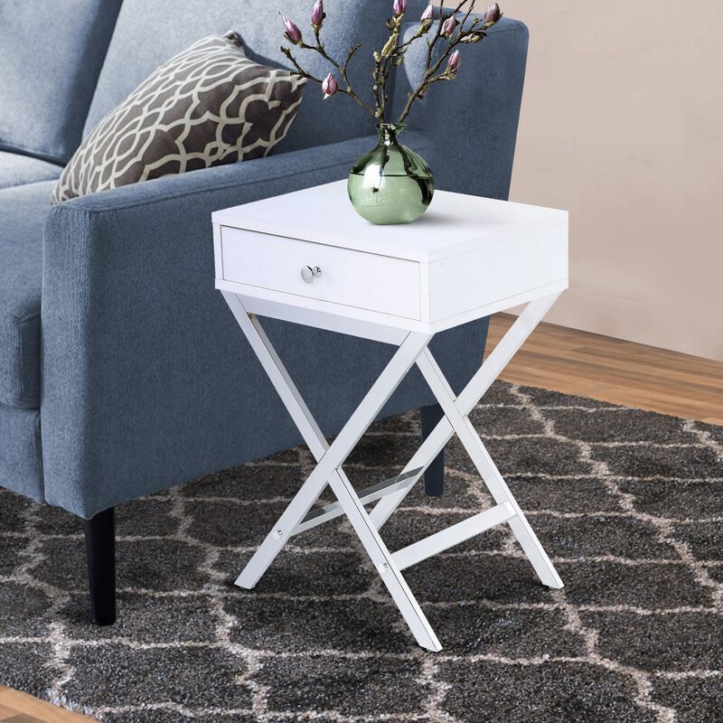 Wood and Metal Side Table with Crossed Base, White and Silver-Benzara