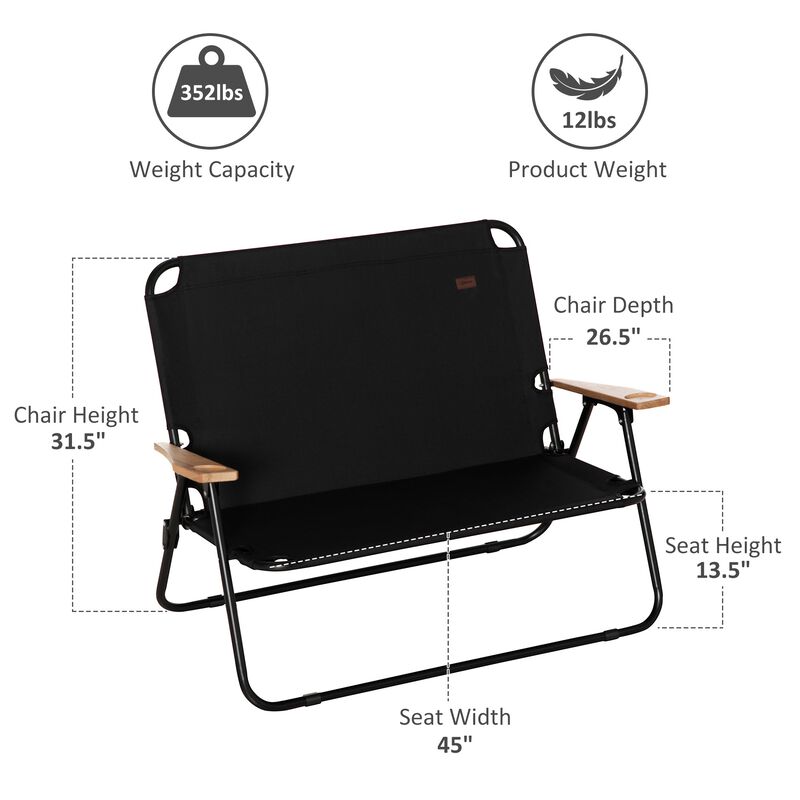 Black Portable Seating: Folding Double Camping Chair with Cup Holders