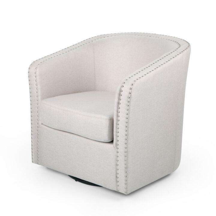 Swivel Accent Chair, Classic Round Barrel Style, Wheat Beige Fabric - Benzara