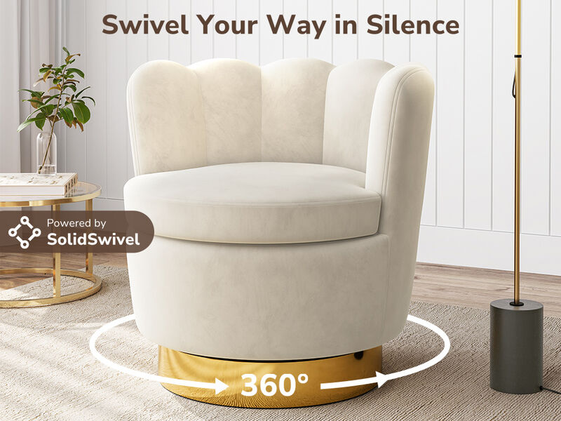BELLEZE Swivel Accent Chair, Velvet Modern Round Petal Swivel Barrel Chair, 360° Upholstery Swivel Sofa Armchair, Comfy Swivel Accent Chair for Living Room Bedroom - Lotus (White)