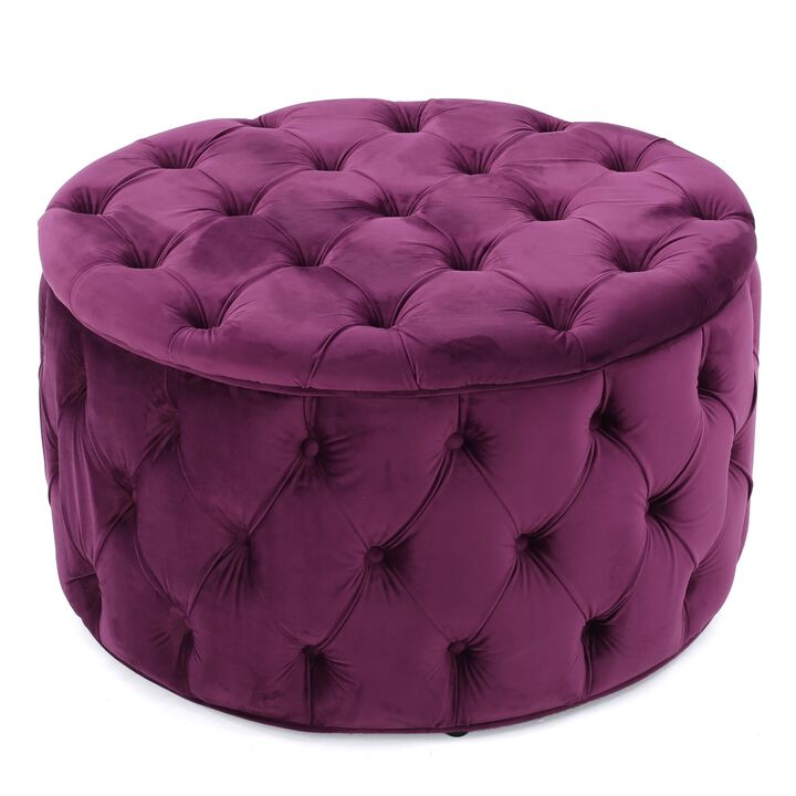 Keja Ottoman, Tufted Fuchsia Pink Velvet, Soft Cushion, Round 30 Inch - Benzara