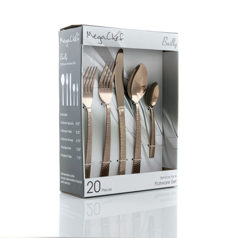 MegaChef Baily 20 Piece Flatware Utensil Set, Stainless Steel Silverware Metal Service for 4 in Rose Gold