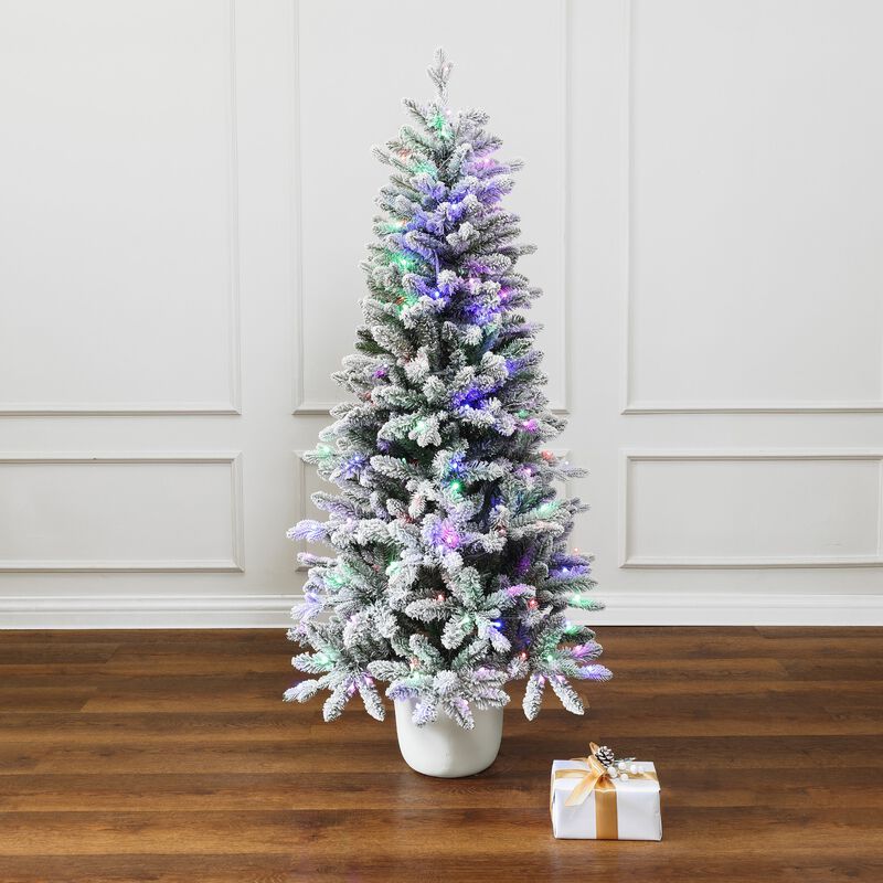 LuxenHome 5Ft Multicolored Pre-Lit Flocked Artificial Tree Potted