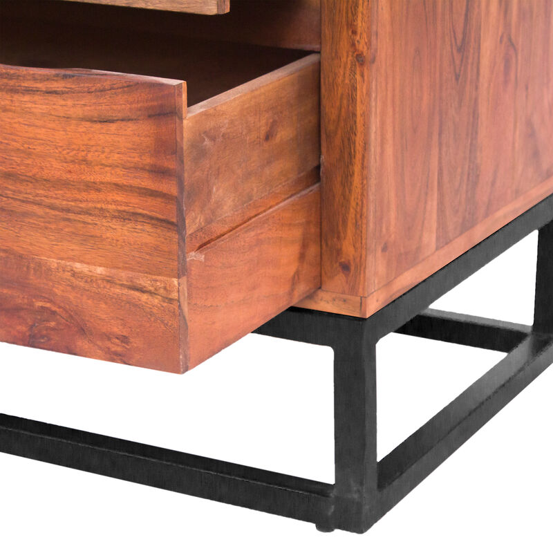 Modern Acacia Wood Dresser or Display Unit With Metal Base, Walnut Brown and Black