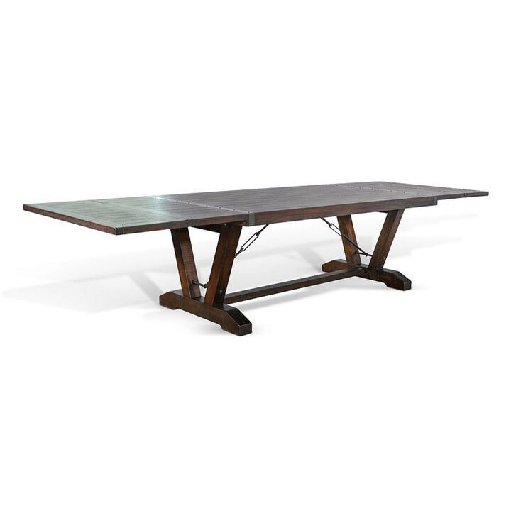 Flint Extendable Dining Table, 108-140 Inch, 2 Folding Leaves, Brown - Benzara