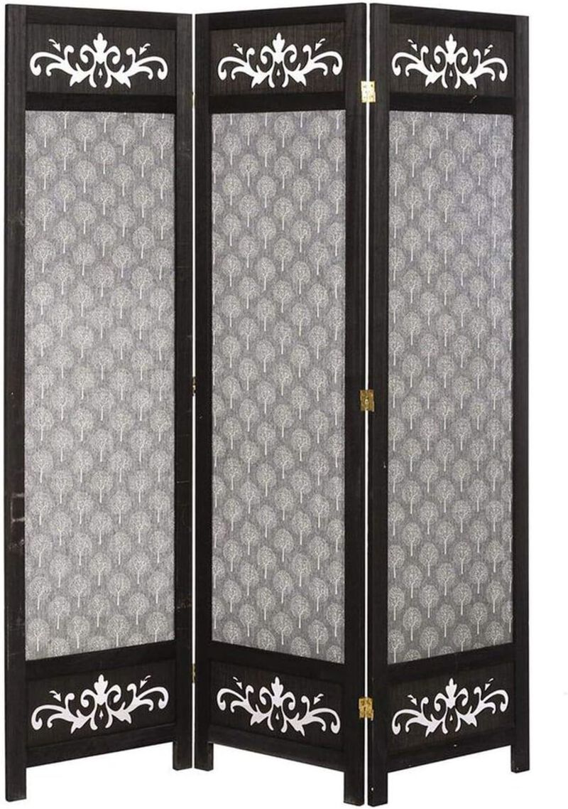 Solid Wood and Canvas with Decorative Cutouts and Tree Design 3 Panel Room Divider, 67" Tall, Black Color