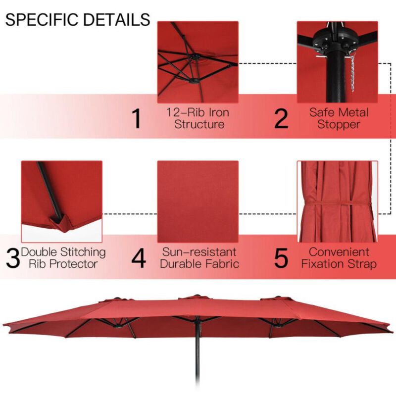 Hivvago 15 Feet Double-Sided Twin Patio Umbrella with Crank and Base