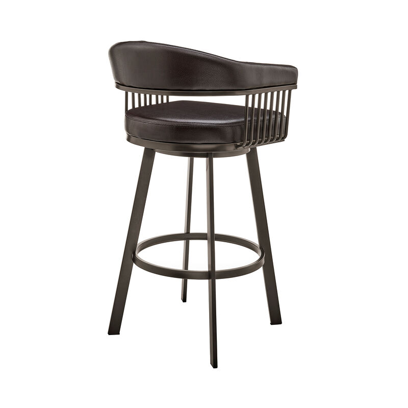 Swivel Barstool with Open Metal Frame and Slatted Arms, Brown-Benzara