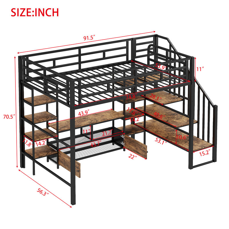 Merax Metal Loft Bed with Staircase and Storage