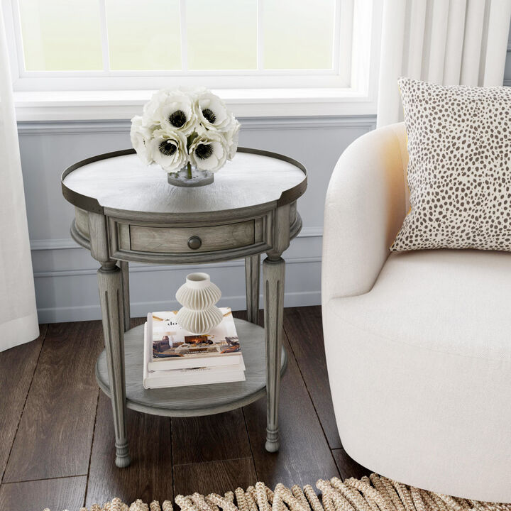 26"" Gray Manufactured Wood Round End Table With Drawer And Shelf