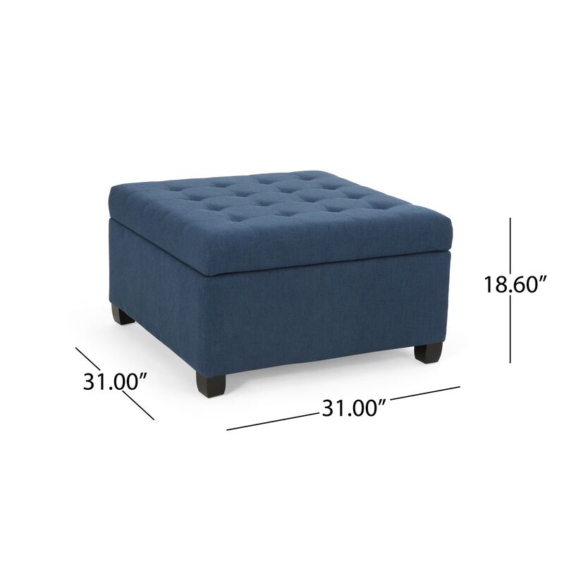 Cindy Ottoman, 31 Inch Square  w Storage, Birch Wood, Blue Polyester - Benzara