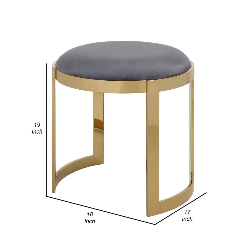 Niyo 19 Inch Accent Stool Ottoman, Round Cushioned Gray Velvet Seat, Gold - Benzara