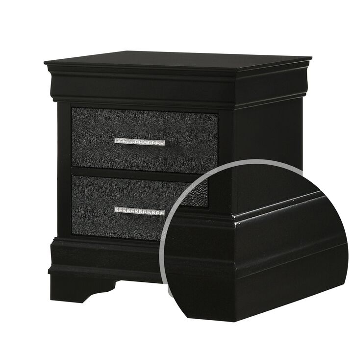 2 Drawer Wooden Nighstand with Horizontal Pull and Studded Accent, Black - Benzara