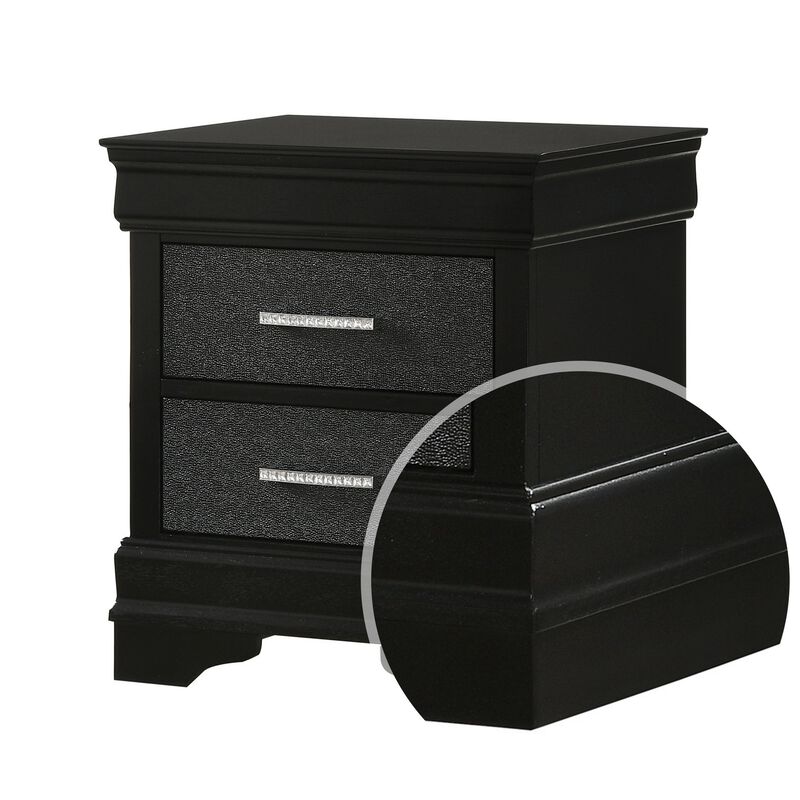 2 Drawer Wooden Nighstand with Horizontal Pull and Studded Accent, Black - Benzara