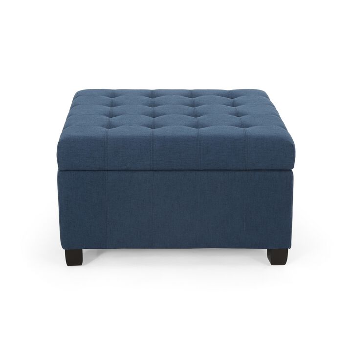 Cindy Ottoman, 31 Inch Square  w Storage, Birch Wood, Blue Polyester - Benzara