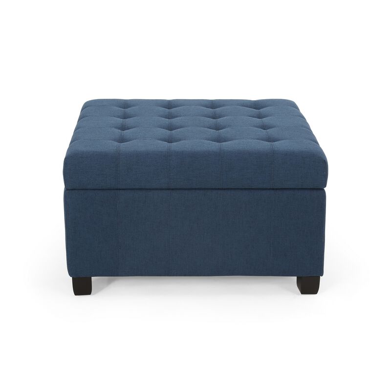 Cindy Ottoman, 31 Inch Square  w Storage, Birch Wood, Blue Polyester - Benzara