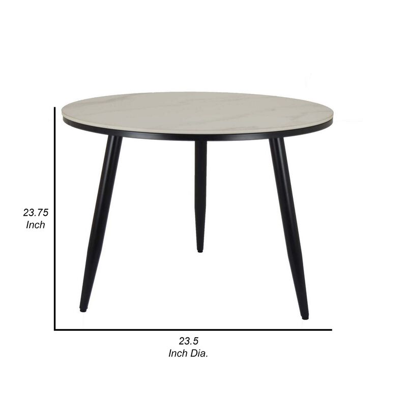 Tavi 24 Inch Plant Stand Side Table, Round White Marble Top, Black Metal - Benzara