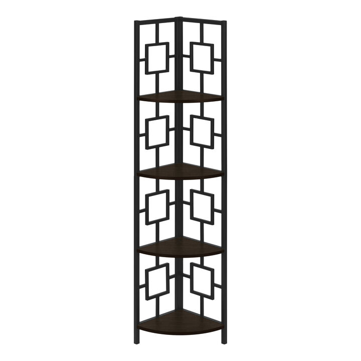 Monarch Specialties I 3612 Bookshelf, Bookcase, Etagere, Corner, 4 Tier, 62"H, Office, Bedroom, Metal, Laminate, Brown, Black, Contemporary, Modern