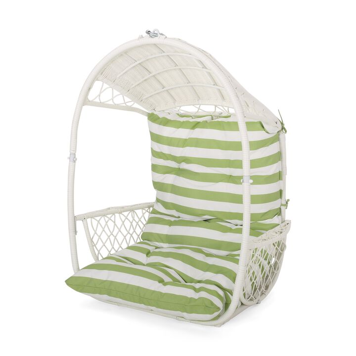 Ory Outdoor Hanging Chair, Cocoon Shape Abstract Design, White Rattan -Benzara