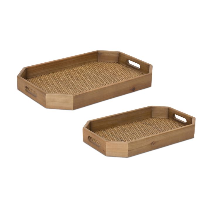 Set of 2 Wood Rattan Trays for Stylish Storage and Display