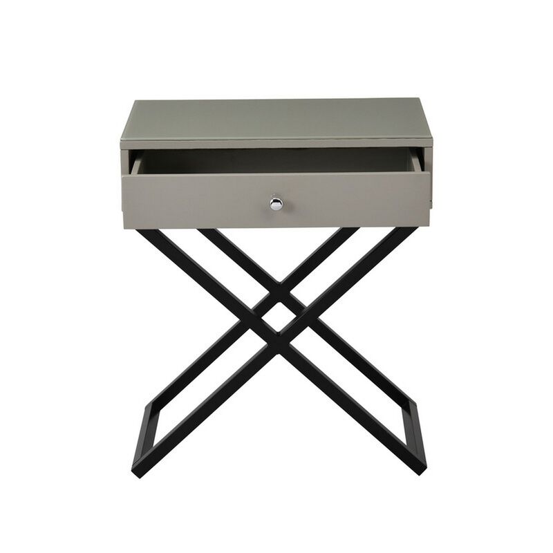 Zeno 27 Inch 1 Drawer Nightstand, Glass Top, Black Metal Cross Legs, Taupe-Benzara