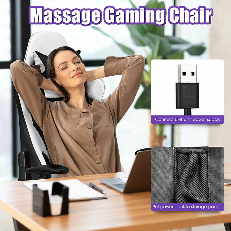 Costway Massage Gaming Chair Reclining Racing Office Computer Chair with Footrest Blue