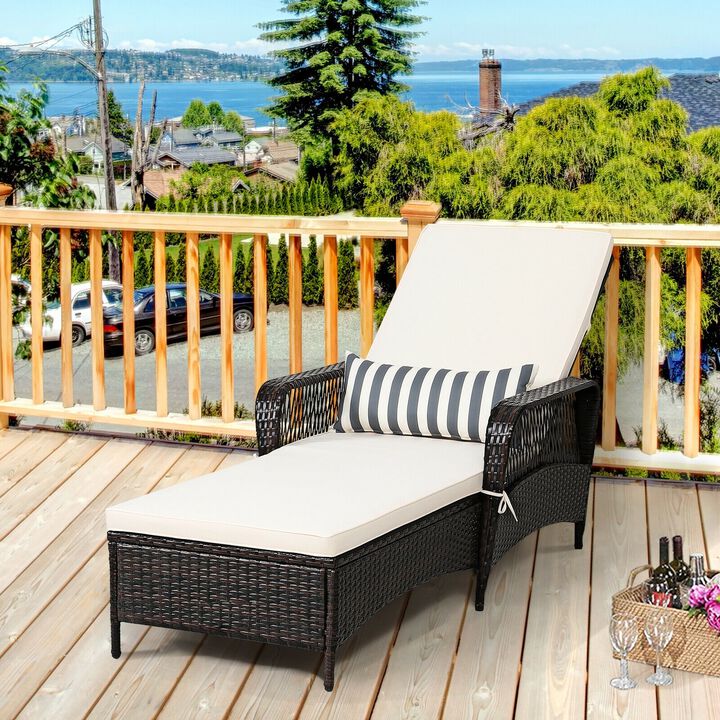 PE Rattan Chaise Lounge Chair Arm Chair Recliner Adjustable with Pillow