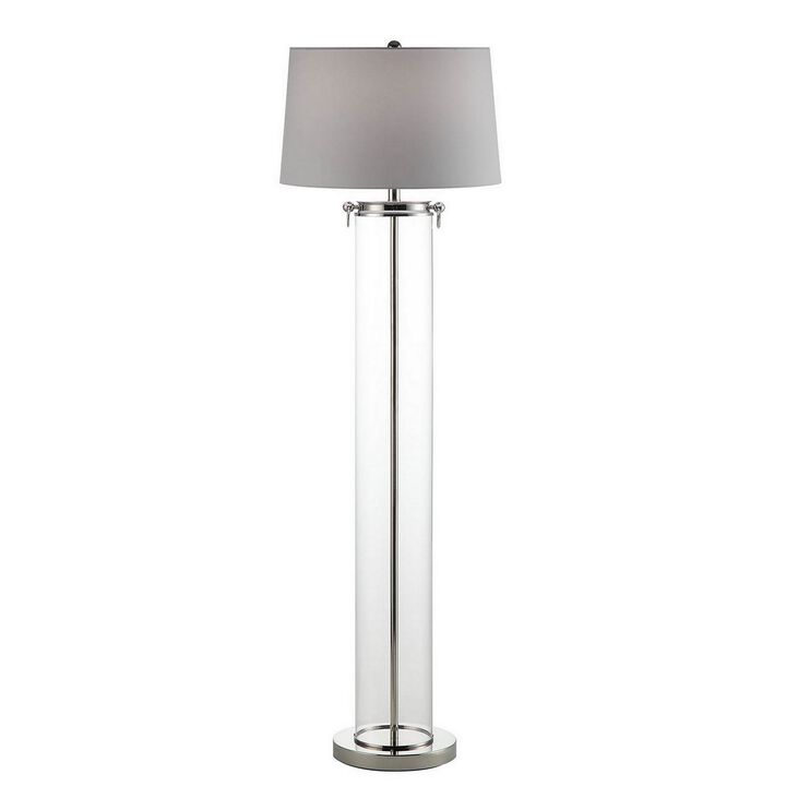 Axie 60 Inch Floor Lamp, Clear Glass Stand, Empire Shade, Metal, Nickel-Benzara