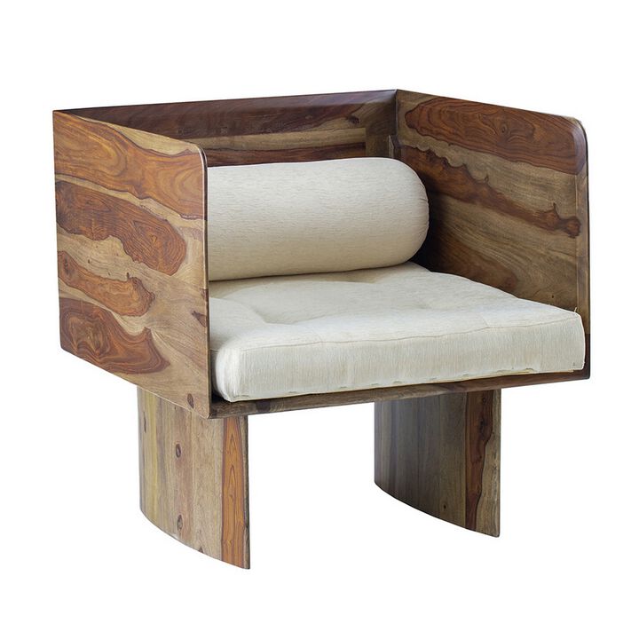 30 Inch Accent Chair, Panel-Style Legs, Tufted, Brown Wood, Beige Cotton - Benzara