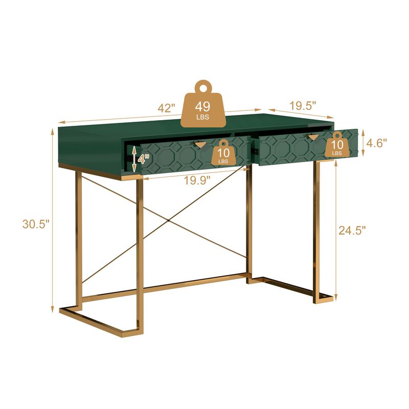 42 in. Rectangular Blue Solid Wood Writing Desk with Metal Stand