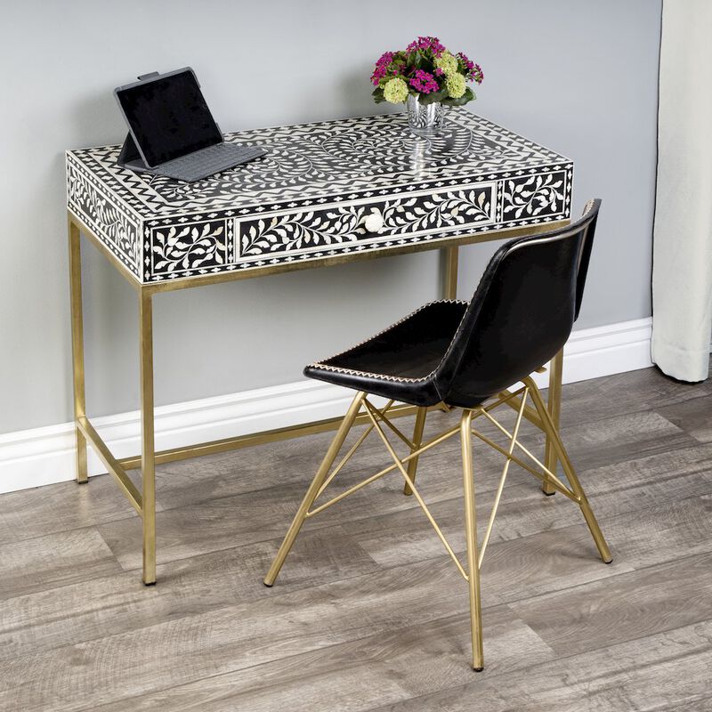 Butler Specialty Perilla  Bone Inlay Writing Desk, Black and White, Gold