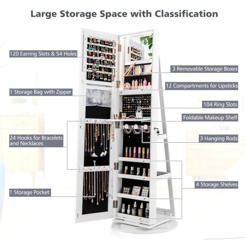 Hivvago 360Â° Rotating Mirrored Jewelry Cabinet Armoire 3 Color LED Modes Lockable