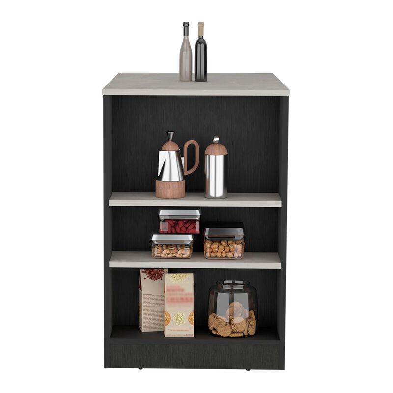 Portree Kitchen & Dining room Island with 3-Side Shelves -Black / Ibiza Marble