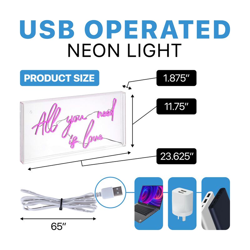 All You Need Is Love 23.63" X 11.75" Contemporary Glam Acrylic Box USB Operated LED Neon Light