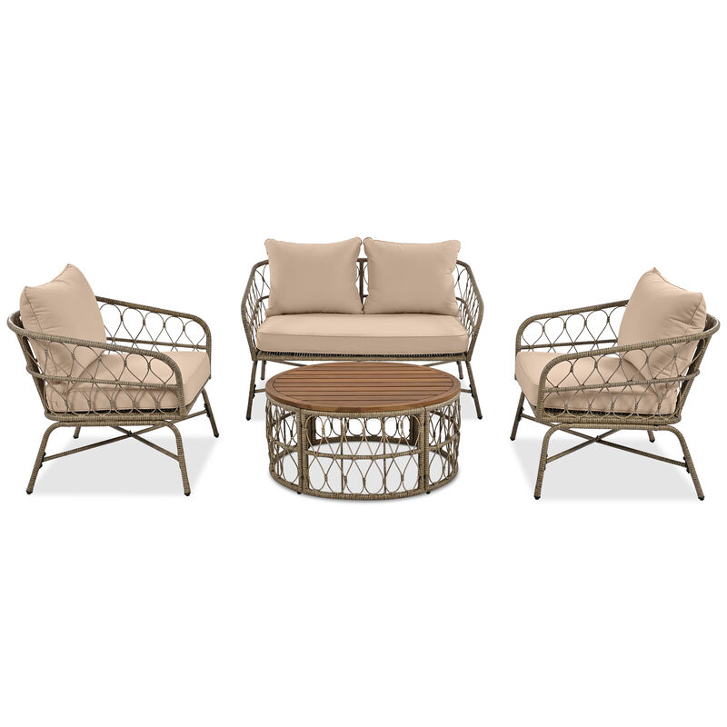 Whisen Bohemia-inspired Outdoor Seating Group With Removable Cushions, Conversation Patio Set With Wood Tabletop