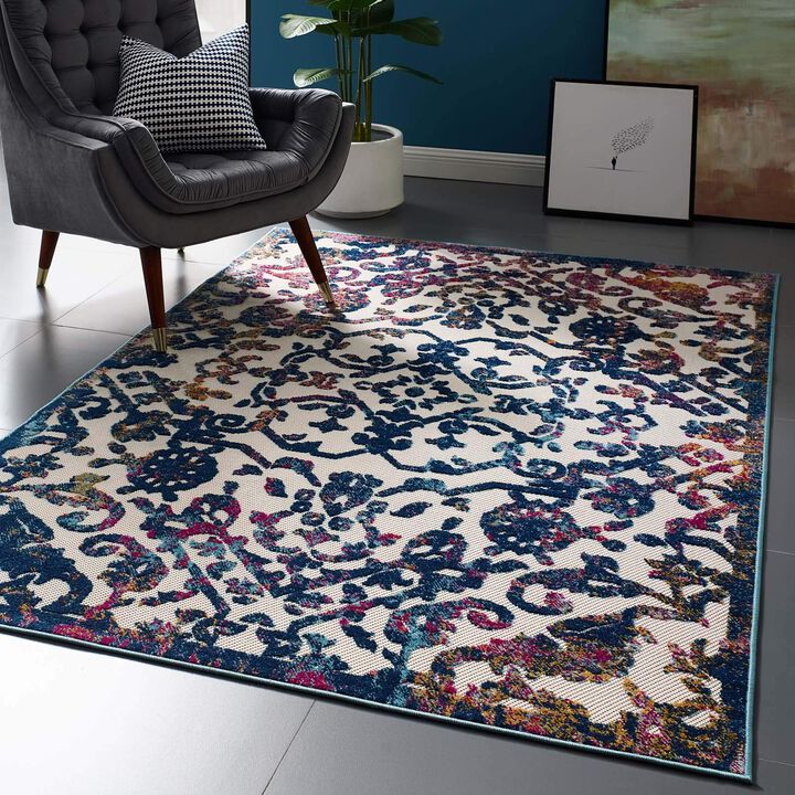 Reflect Primrose Distressed Vintage Ornate Floral Lattice 5x8 Indoor and Outdoor Area Rug - Ivory, Dark Blue, Multicolored