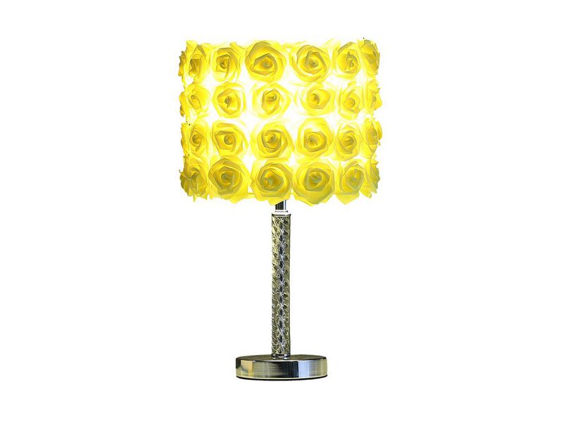 Bloom Roses Drum Shade Table Lamp with Twisted Acrylic Base, Yellow - Benzara