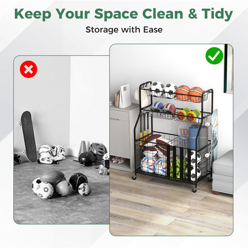 Garage Sports Equipment Organizer with Hooks & Baskets for Basketball