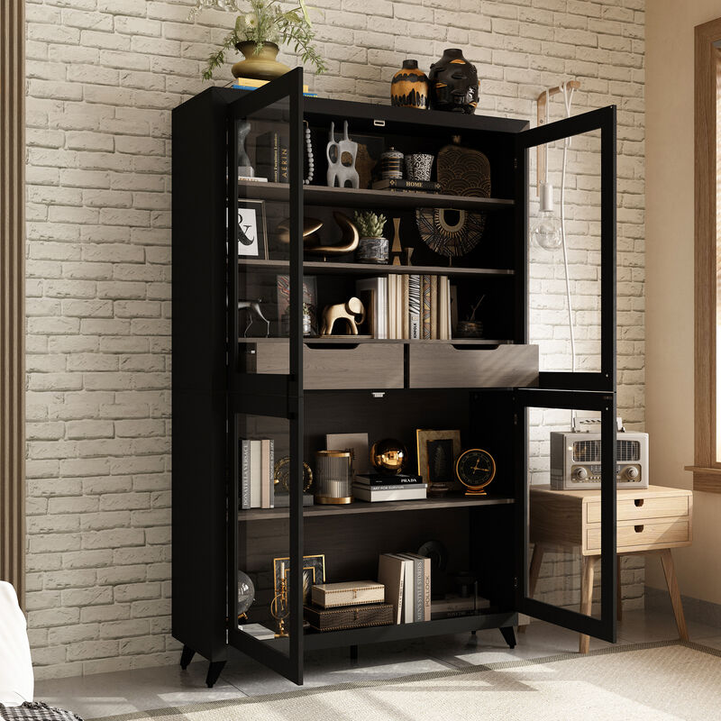 FUFU&GAGA Modern Glass Bookcase with Storage Drawers and Shelves, Tall Display Cabinet (47.2" W x 15.7" D x 74.8" H), Black