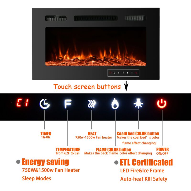 Black 36 in. Wall-Mounted Electric Fireplace with Logs & Crystals, Remote 1500/750W
