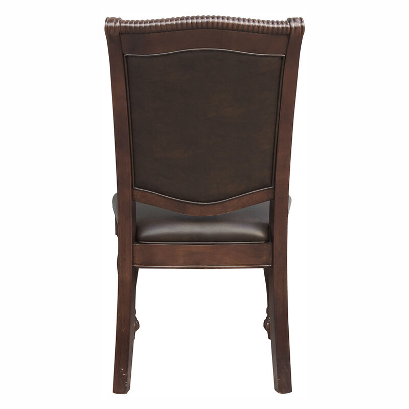 Wooden side chairs set, brown cherry finish, faux leather upholstery