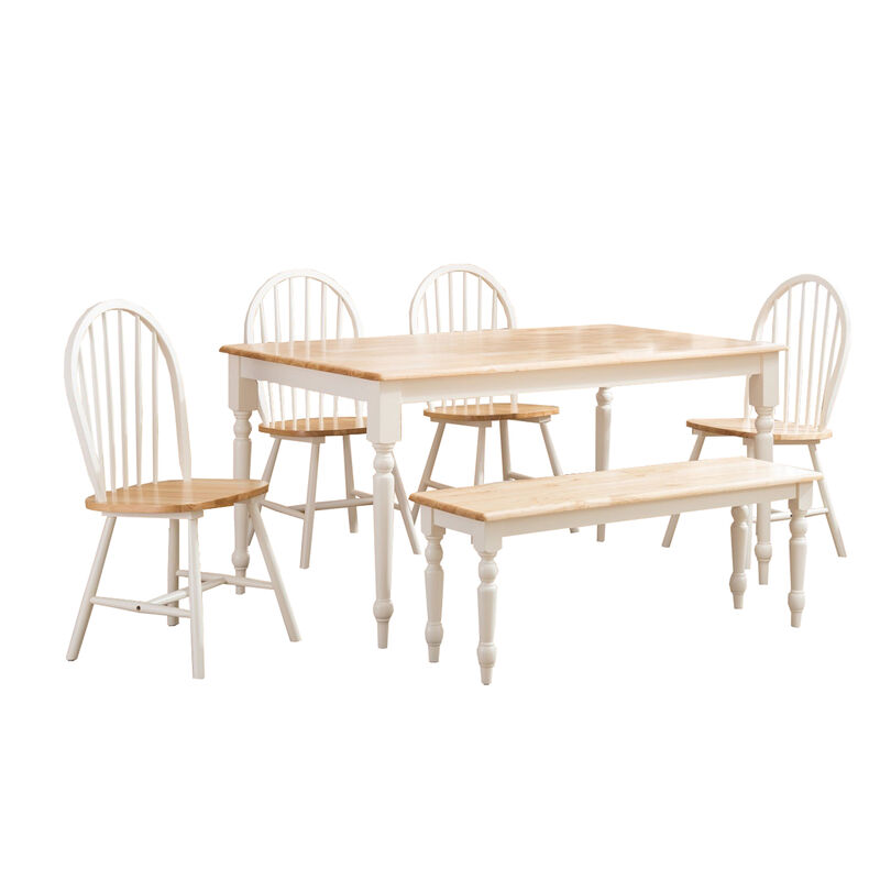 6 Piece Farmhouse Wooden Dining Set, White and Brown-Benzara