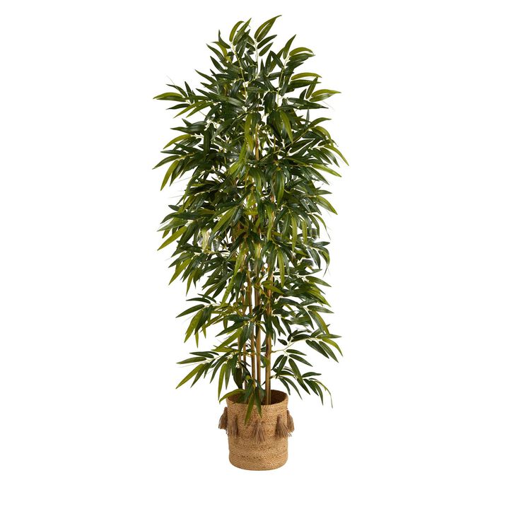 Nearly Natural 75-in Bamboo Tree in Handmade Jute Planter with Tassels