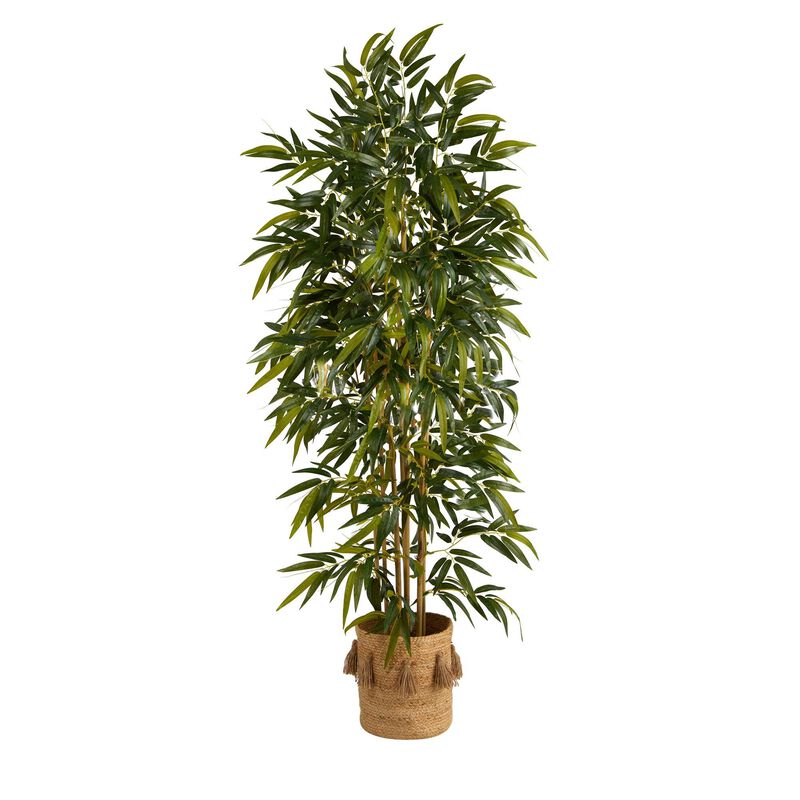 Nearly Natural 75-in Bamboo Tree in Handmade Jute Planter with Tassels