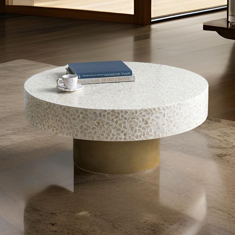 Piki 35 Inch Coffee Table, Mughal Capiz Inlaid Pattern, Cream, Gold  - Benzara