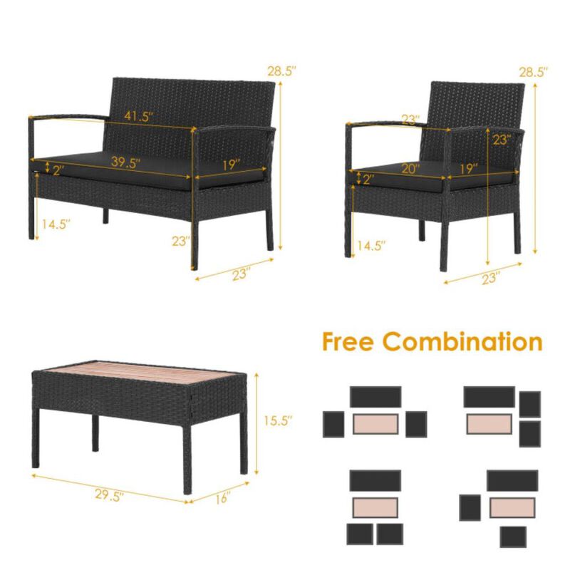 Hivvago 4 Pieces Patio Rattan Cushioned Furniture Set with Wooden Tabletop